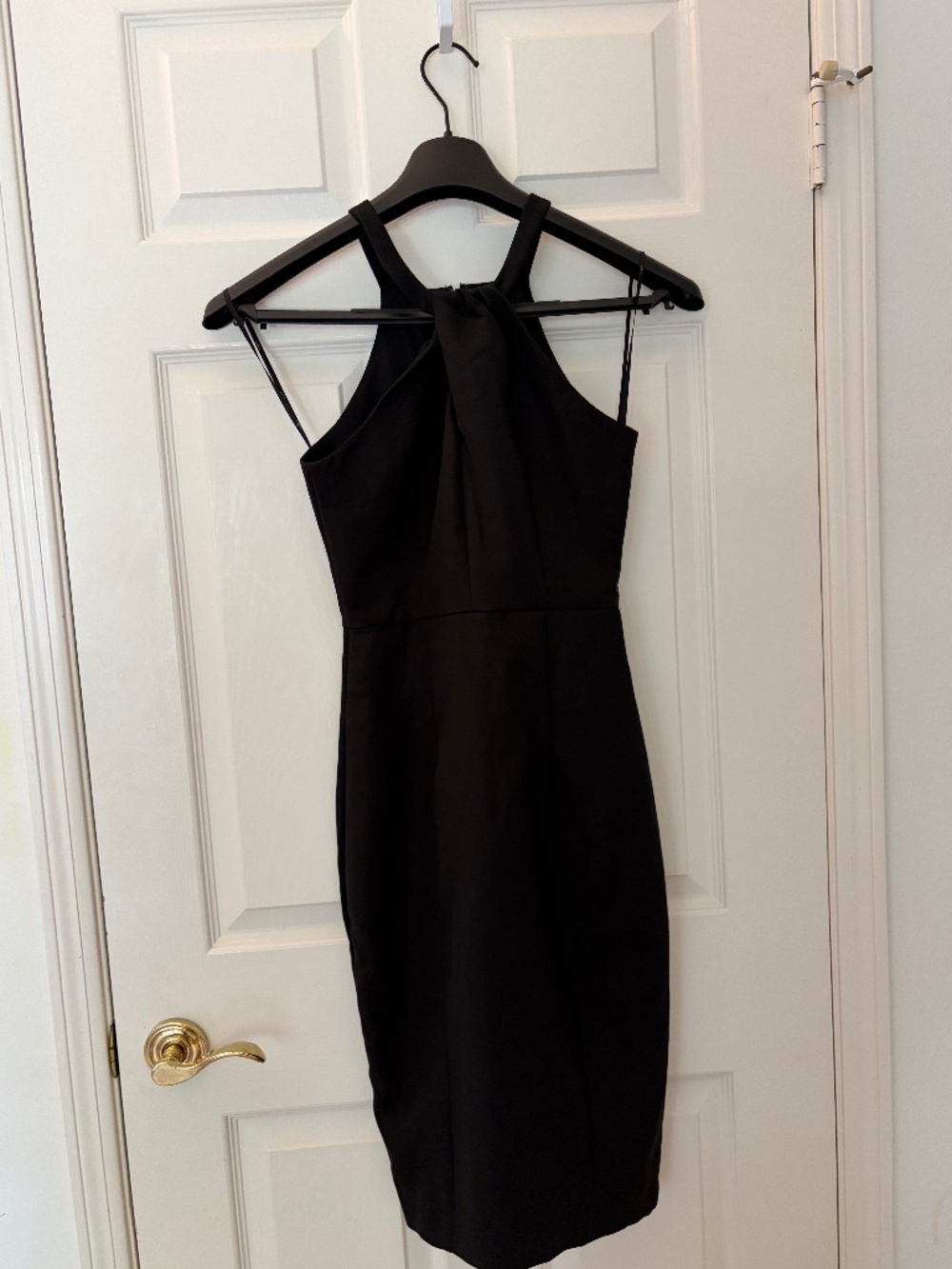 Lulus black halter-style bodycon midi cocktail event dress, size XS.